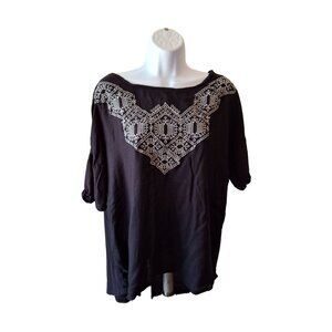 Lucky Brand Womens Tunic Top XL Black Geometric Embroidered Aztec Split Back